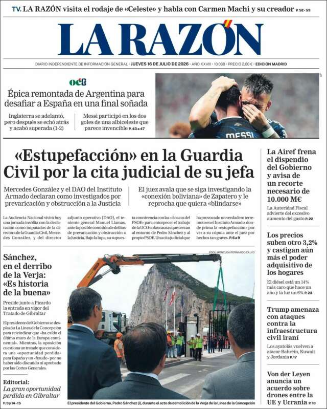 Portada de La Razón